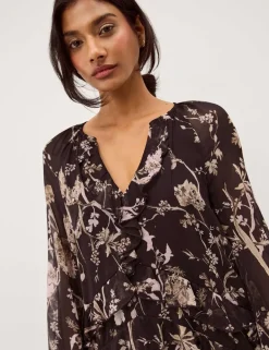 Floral Notch Neck Ruffle Midi Smock Dress