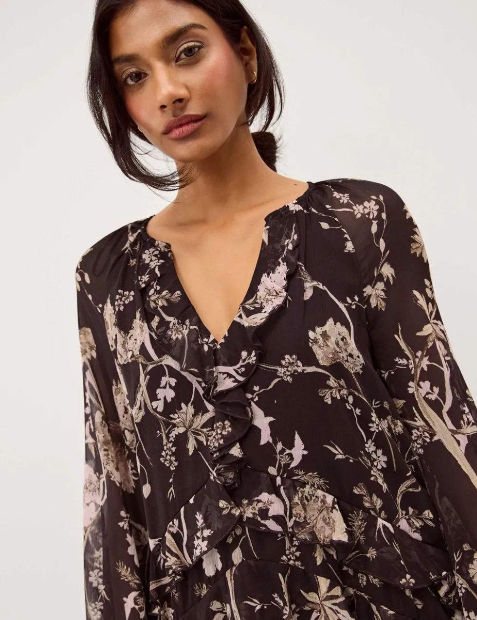 Floral Notch Neck Ruffle Midi Smock Dress