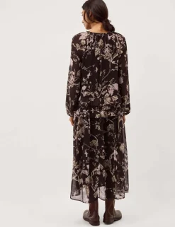 Floral Notch Neck Ruffle Midi Smock Dress