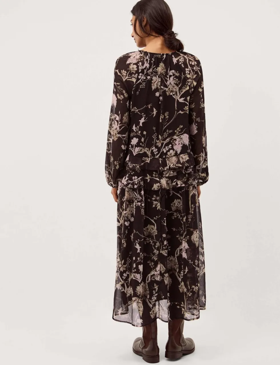 Floral Notch Neck Ruffle Midi Smock Dress