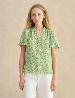 Floral Notch V-Neck Angel Sleeve Blouse