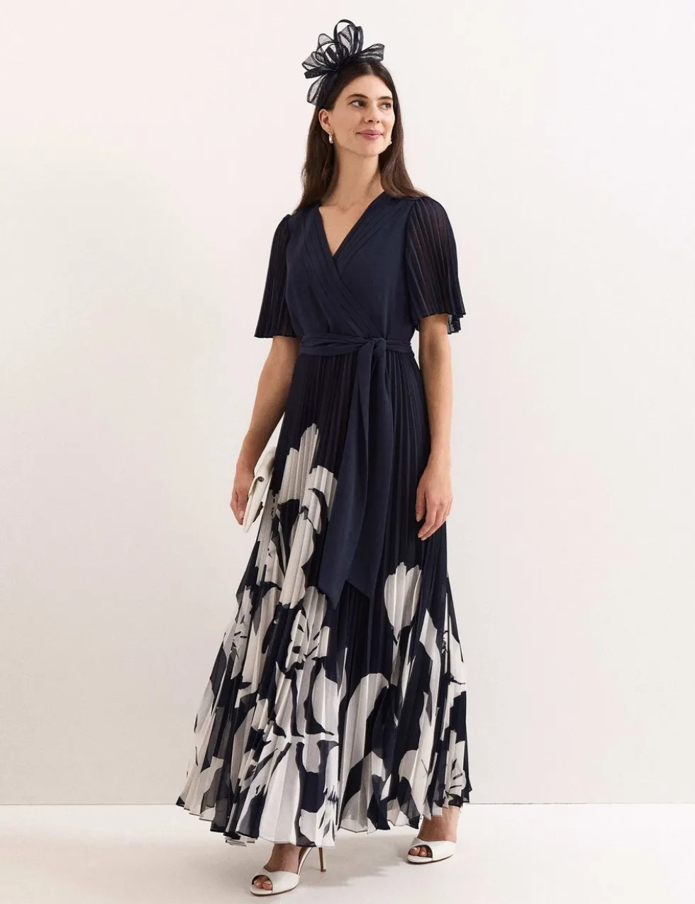 Floral Pleated V-Neck Maxi Wrap Dress