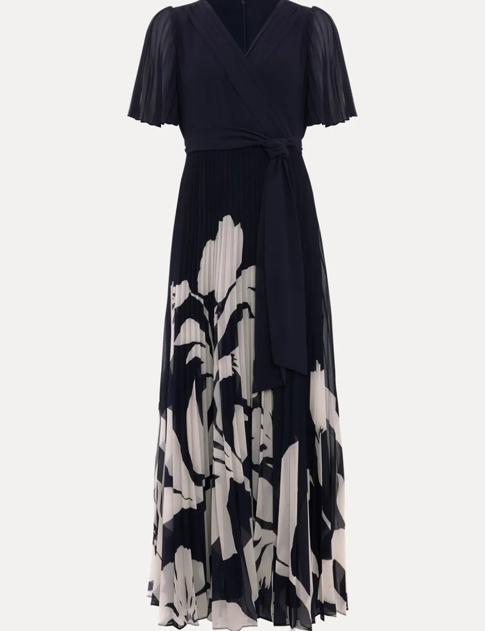 Floral Pleated V-Neck Maxi Wrap Dress