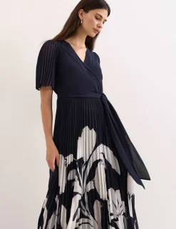 Floral Pleated V-Neck Maxi Wrap Dress
