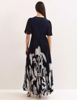 Floral Pleated V-Neck Maxi Wrap Dress