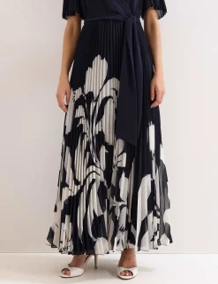 Floral Pleated V-Neck Maxi Wrap Dress