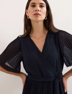 Floral Pleated V-Neck Maxi Wrap Dress