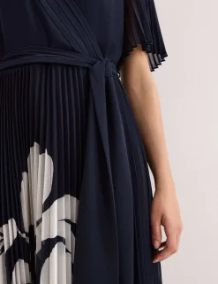 Floral Pleated V-Neck Maxi Wrap Dress