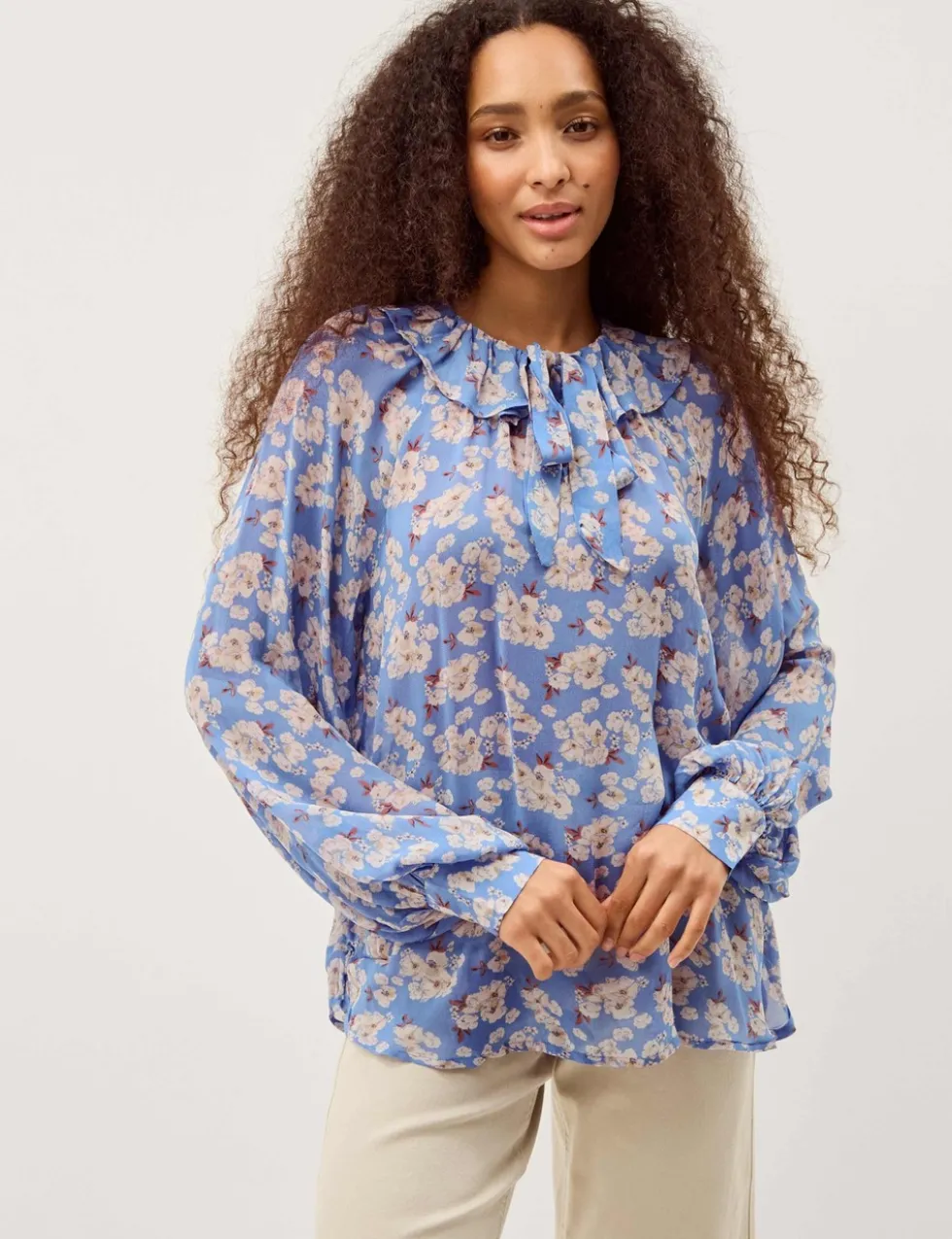 Floral Round Neck Frill Detail Blouse