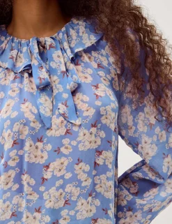 Floral Round Neck Frill Detail Blouse
