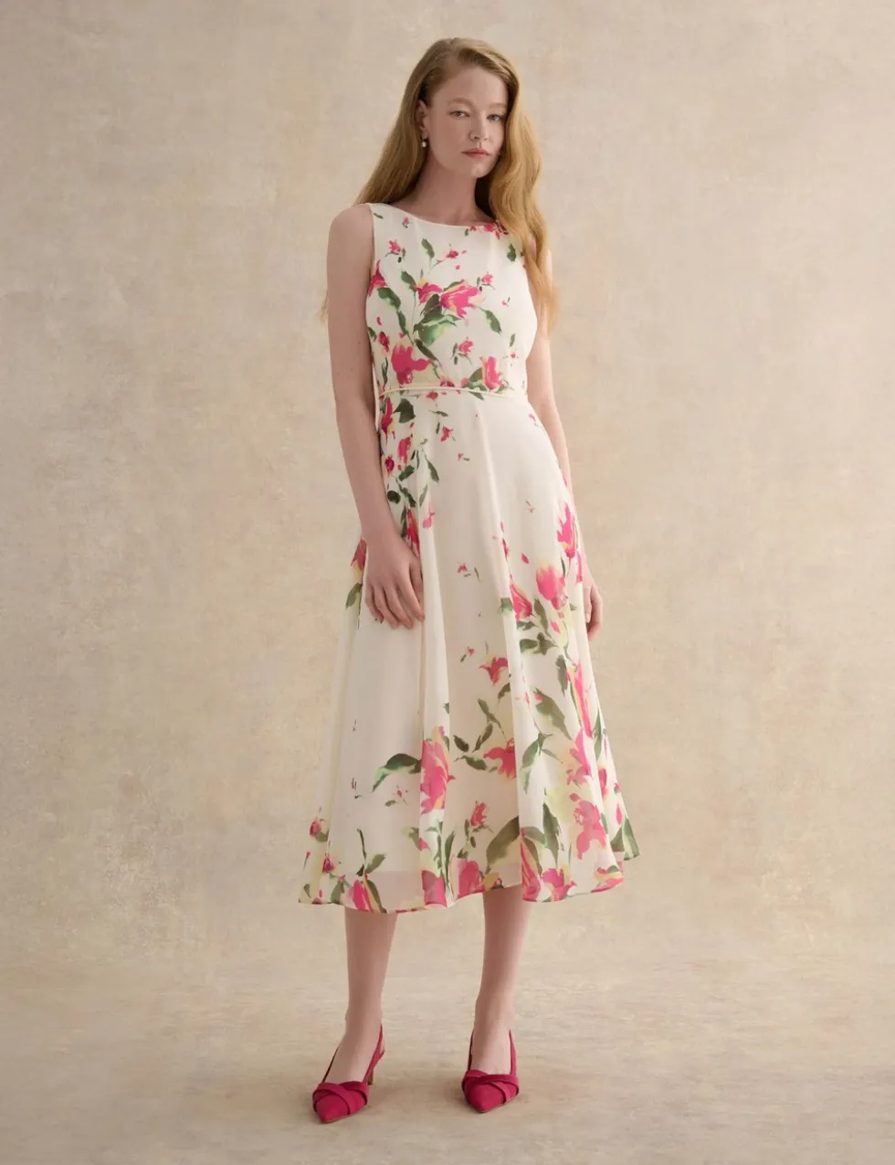Floral Round Neck Knee Length Skater Dress