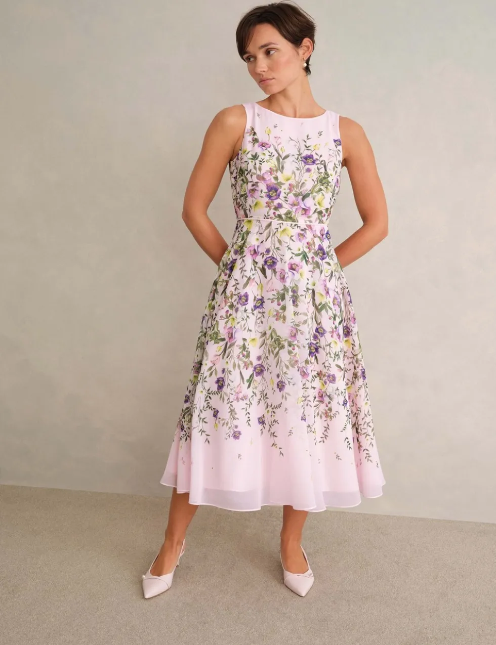 Floral Round Neck Knee Length Skater Dress