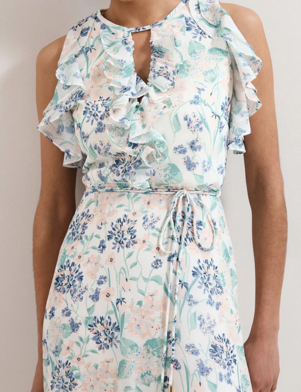 Floral Ruffle Belted Maxi Waisted Dress