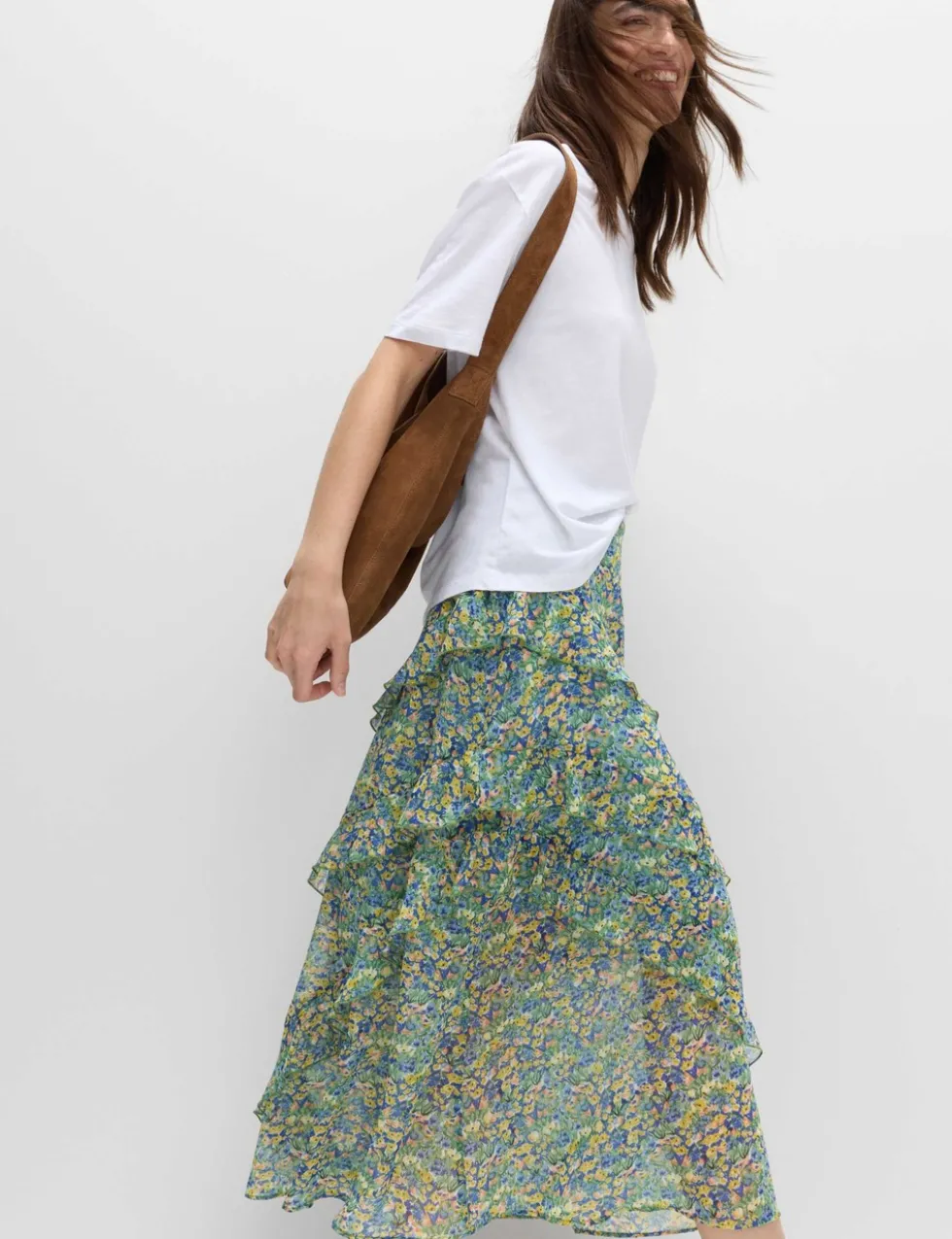 Floral Ruffle Midi Tiered Skirt