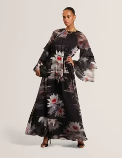 Floral Ruffle Sleeve Gathered Maxi Dress