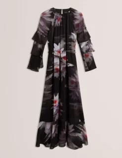 Floral Ruffle Sleeve Gathered Maxi Dress