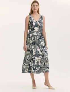 Floral Scoop Neck Midi Tiered Dress