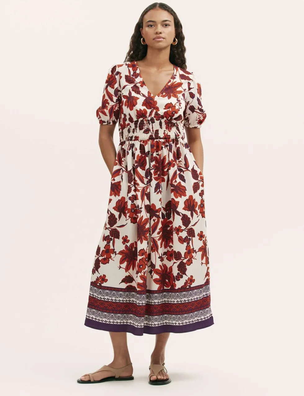 Floral Shirred Detail Midi Smock Dress