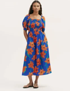 Floral Square Neck Midi Shirred Dress