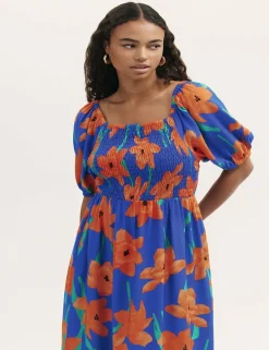 Floral Square Neck Midi Shirred Dress