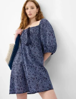 Floral Tie Front Puff Sleeve Mini Beach Dress
