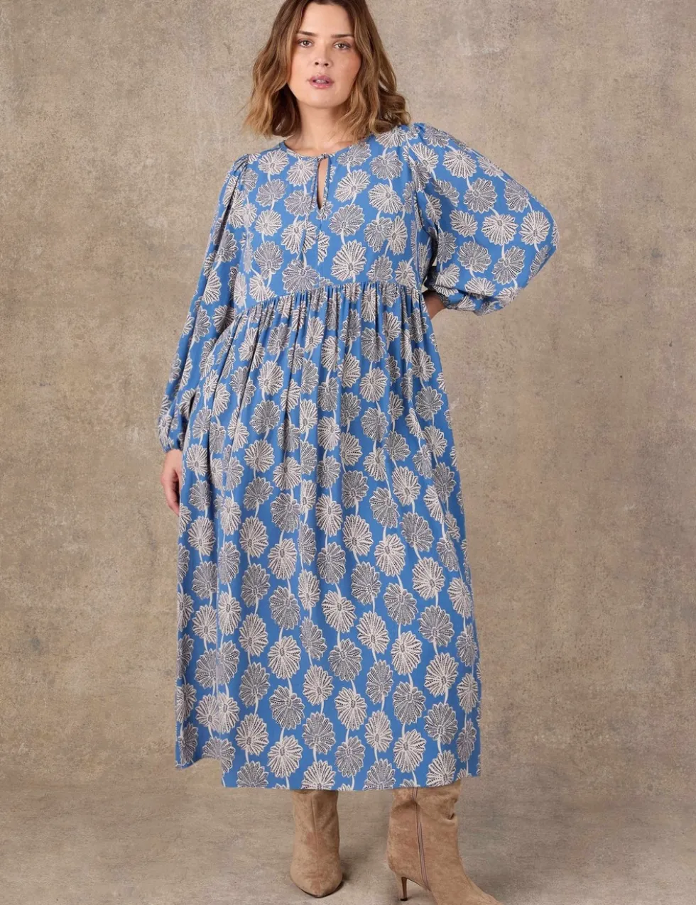 Floral Tie Neck Blouson Sleeve Midaxi Dress