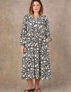 Floral Tie Neck Blouson Sleeve Midaxi Dress