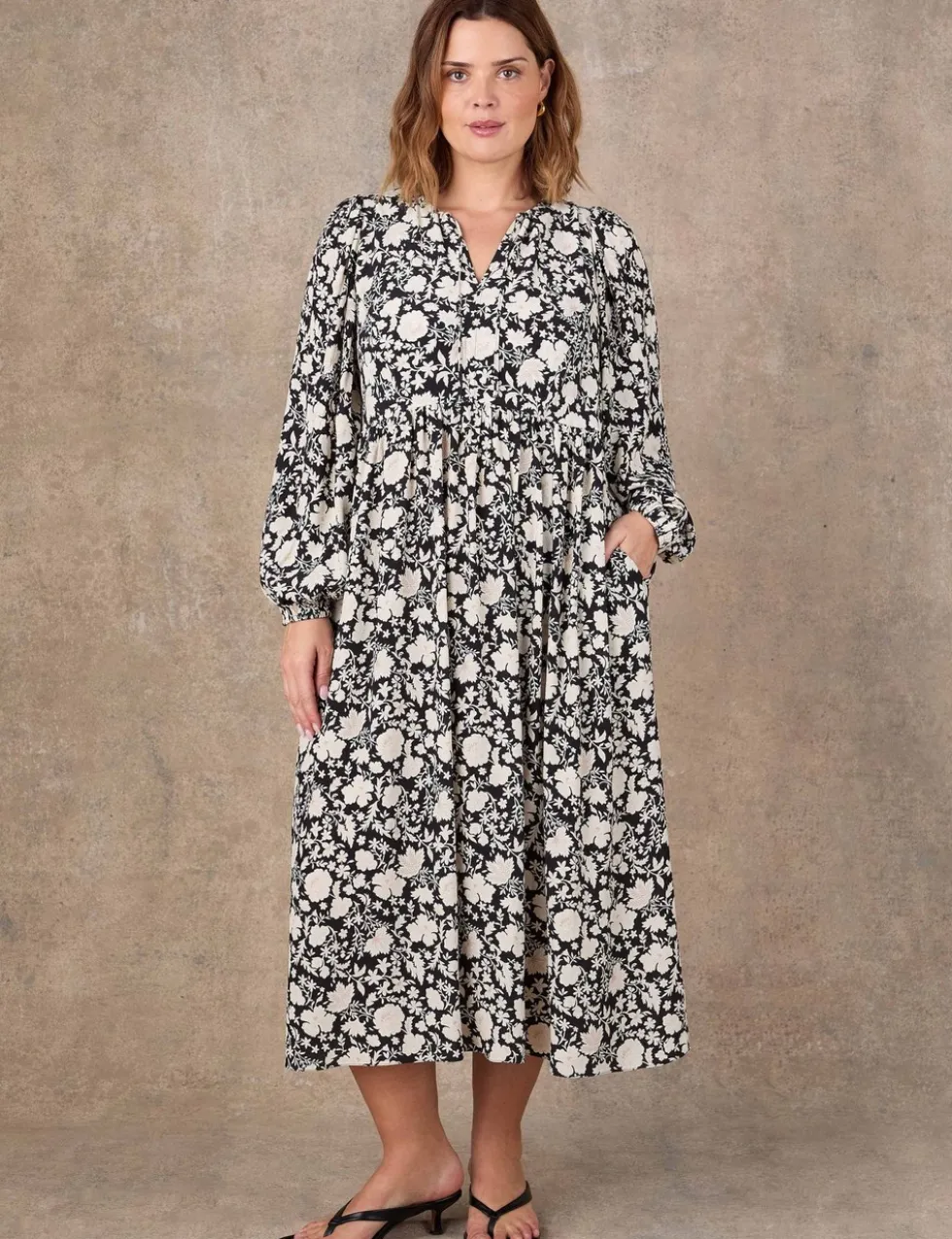Floral Tie Neck Blouson Sleeve Midaxi Dress