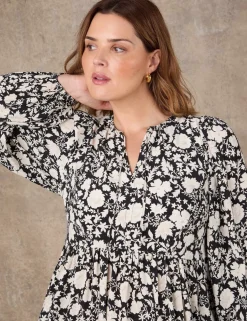 Floral Tie Neck Blouson Sleeve Midaxi Dress