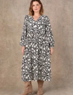 Floral Tie Neck Blouson Sleeve Midaxi Dress