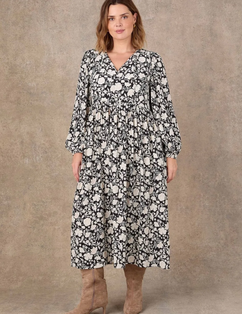 Floral Tie Neck Blouson Sleeve Midaxi Dress