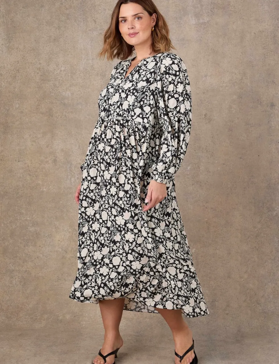 Floral Tie Neck Blouson Sleeve Midaxi Dress