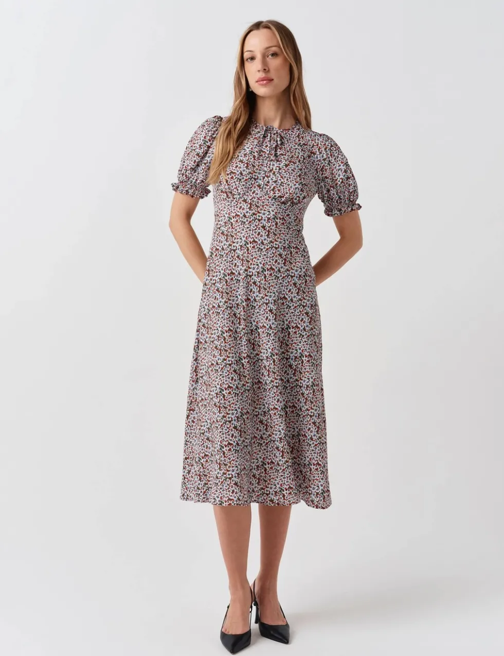 Floral Tie Neck Button Front Midi Tea Dress