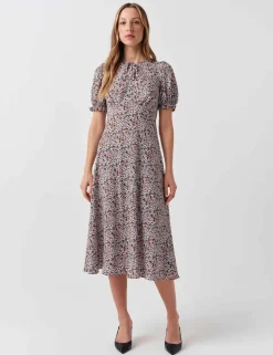 Floral Tie Neck Button Front Midi Tea Dress
