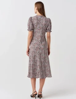 Floral Tie Neck Button Front Midi Tea Dress