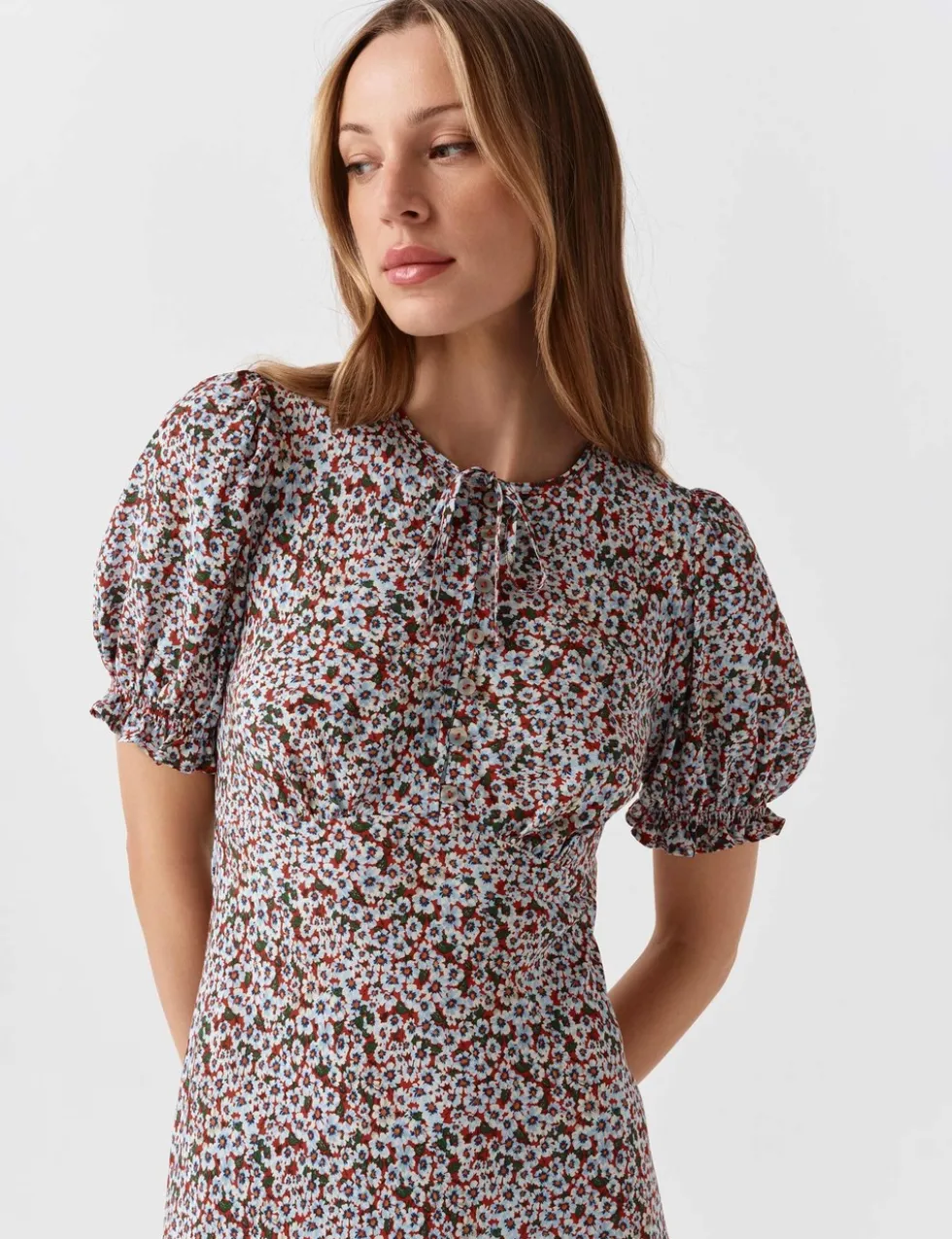 Floral Tie Neck Button Front Midi Tea Dress