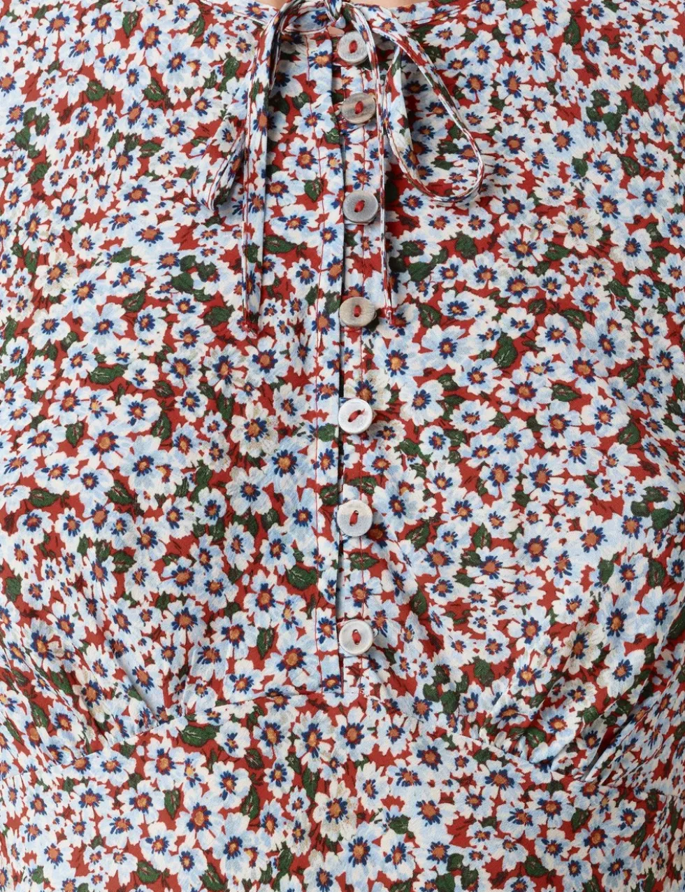 Floral Tie Neck Button Front Midi Tea Dress