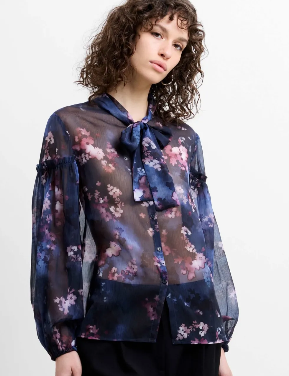 Floral Tie Neck Button Through Shirt