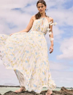 Floral Tie Neck Pleated Maxi Waisted Dress