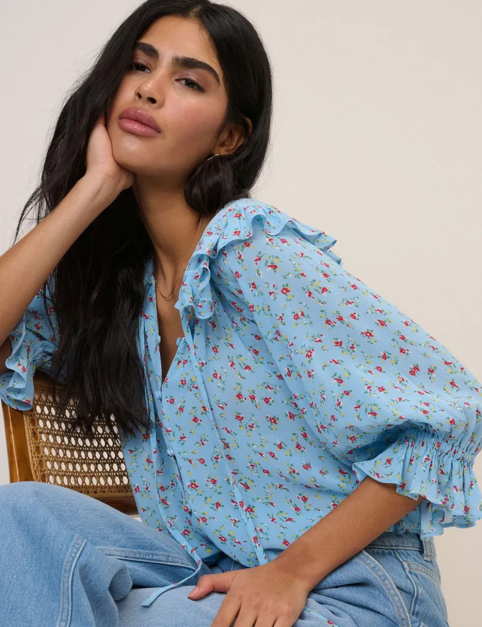 Floral Tie Neck Relaxed Blouse