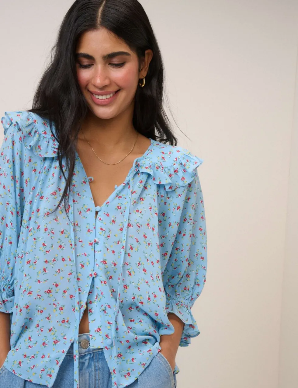 Floral Tie Neck Relaxed Blouse