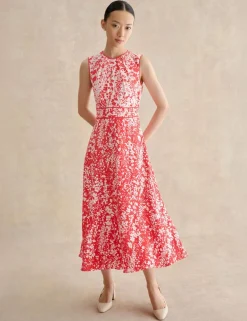 Floral Tie Waist Midi Waisted Dress