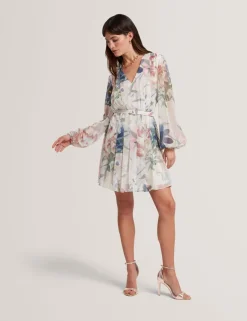 Floral Tie Waist Pleated Mini Smock Dress
