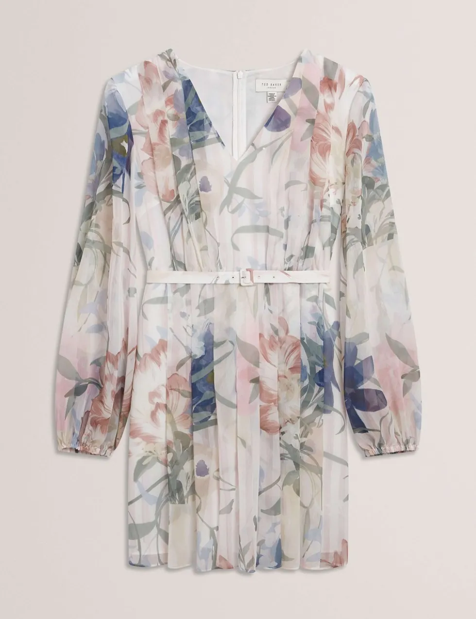 Floral Tie Waist Pleated Mini Smock Dress