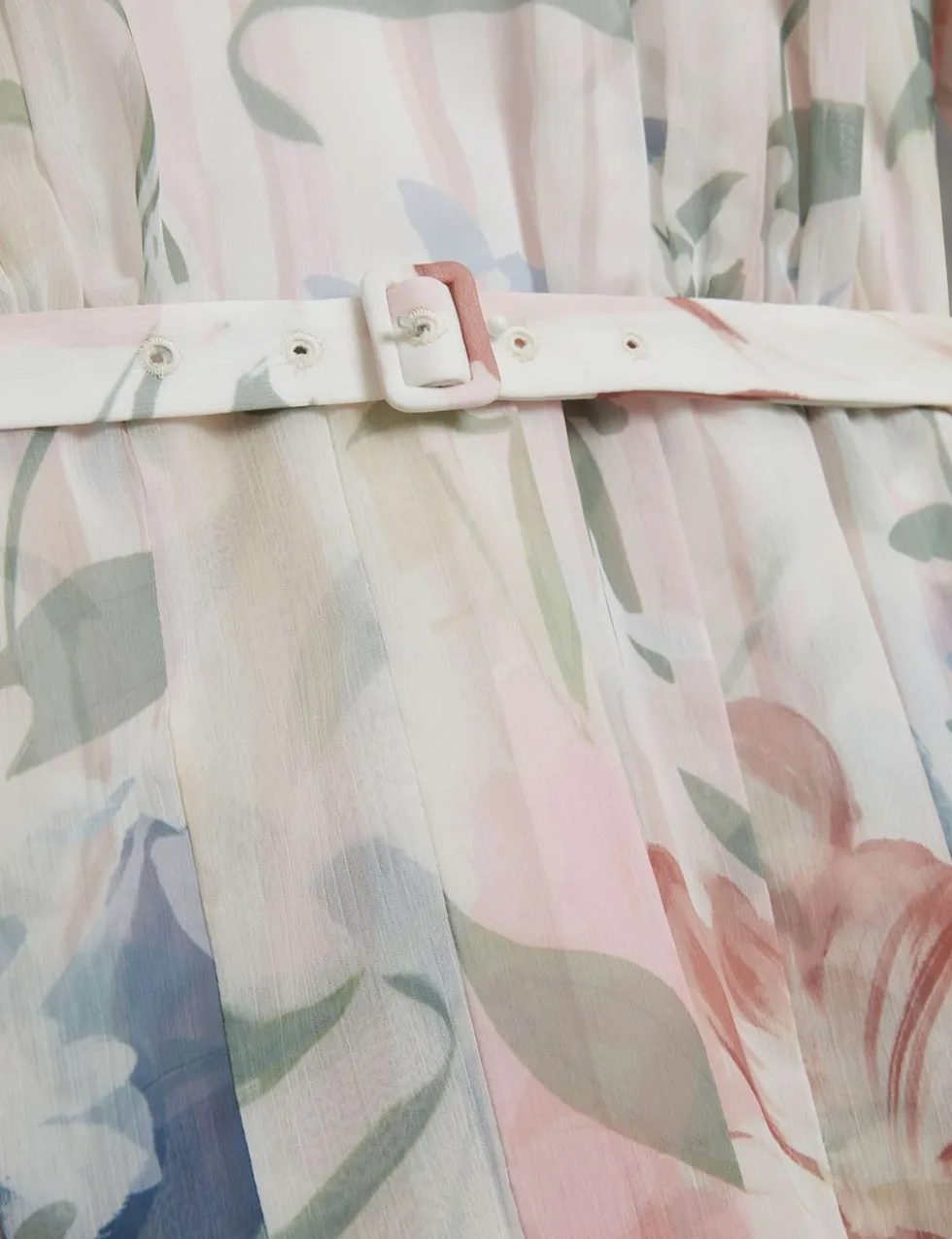 Floral Tie Waist Pleated Mini Smock Dress