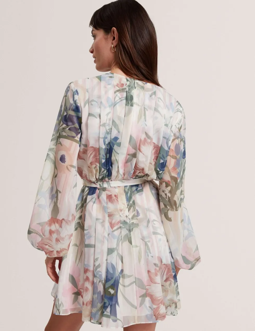 Floral Tie Waist Pleated Mini Smock Dress
