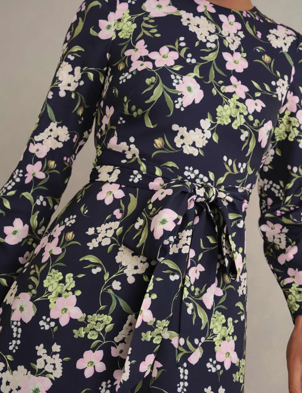Floral Tie Waist Skater Knee Length Dress
