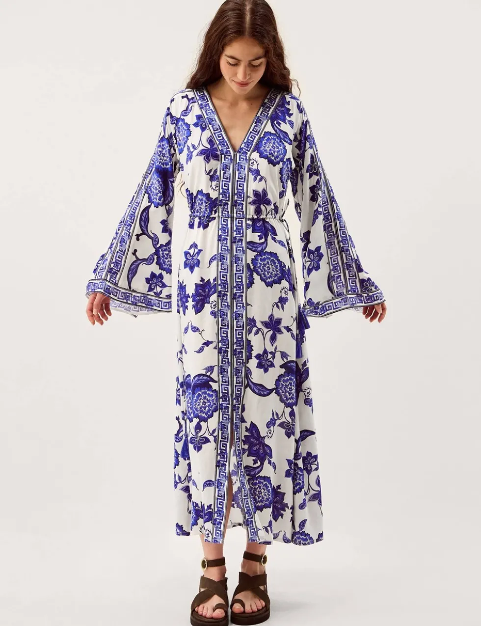 Floral V-Neck Angel Sleeve Maxi Beach Dress