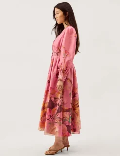 Floral V-Neck Belted Midi Waisted Dress