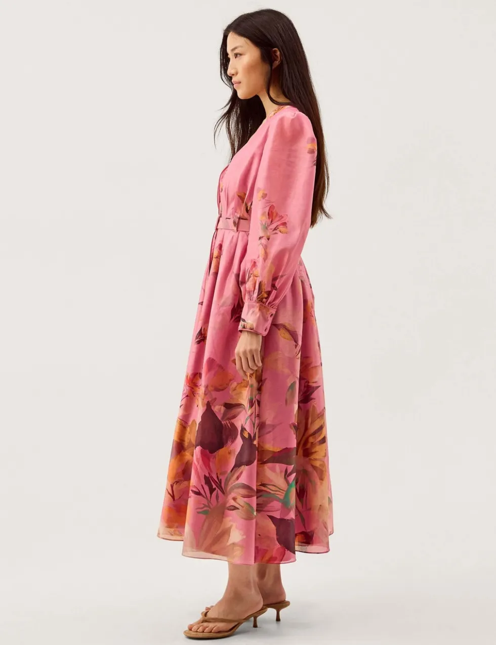 Floral V-Neck Belted Midi Waisted Dress